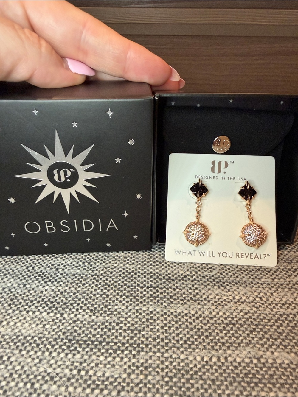 Bomb Party Obsidia Rose Gold Drop Earrings with Black Accents- see details